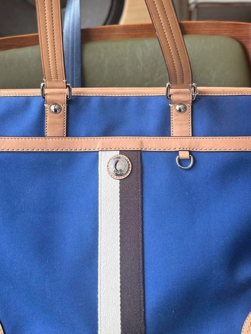 Coach Premium Voyager Blue Canvas Tote with Tan Leather Trim Tote Bag